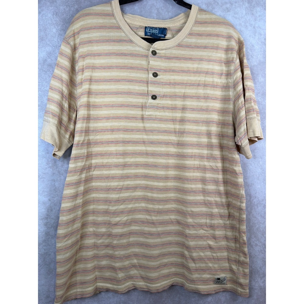 Vintage Polo Ralph Lauren Henley Shirt Mens XXL Tan Striped Short Sleeve Cotton